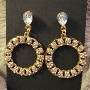 Source Unknown Gold Hoop Drop Earrings with Clear Crystals